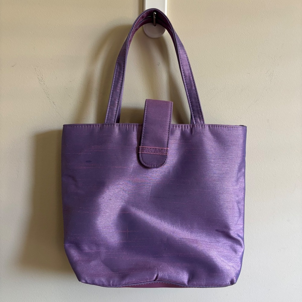 Purple Satin Shimmer Mini Tote Bag Magnetic Closure Top Handle Evening Bag